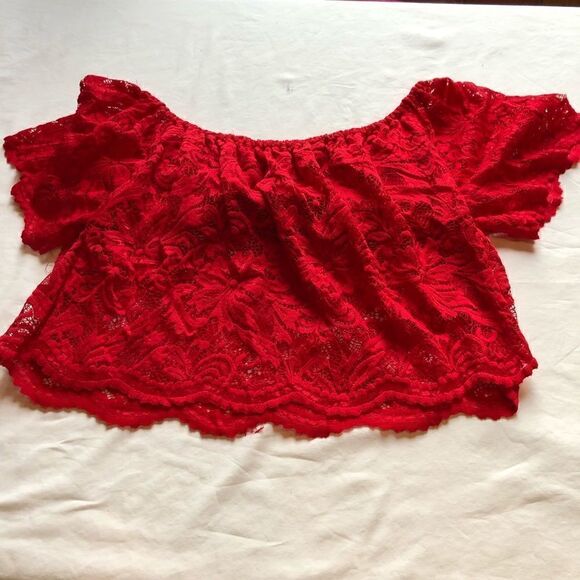 Ambiance Crop Blouse Lace Red M - Picture 4 of 8
